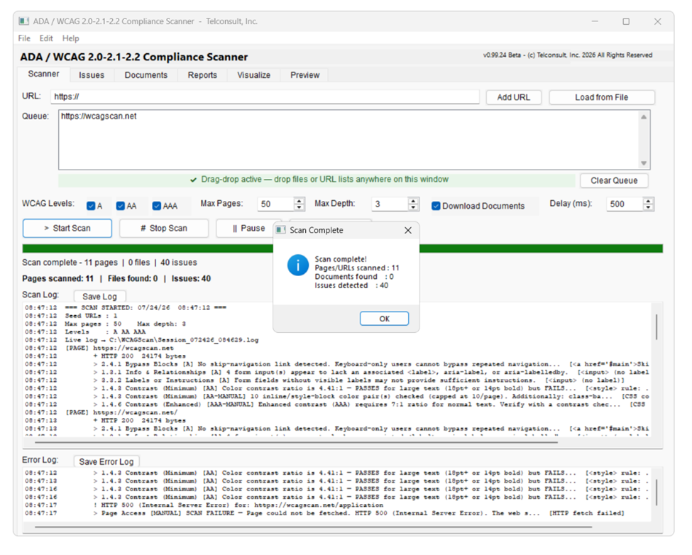 ADA/WCAG 2.0-2.1-2.2 Compliance Scanner Main Window Post Scan