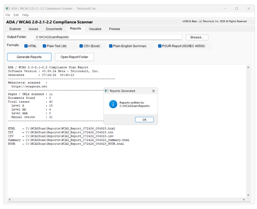 ADA/WCAG 2.0-2.1-2.2 Compliance Scanner Reports Page